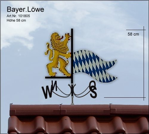 bayerischer löwe mit bayerischer fahne aus edelstahl bemalt mit windrichtungsanzeige